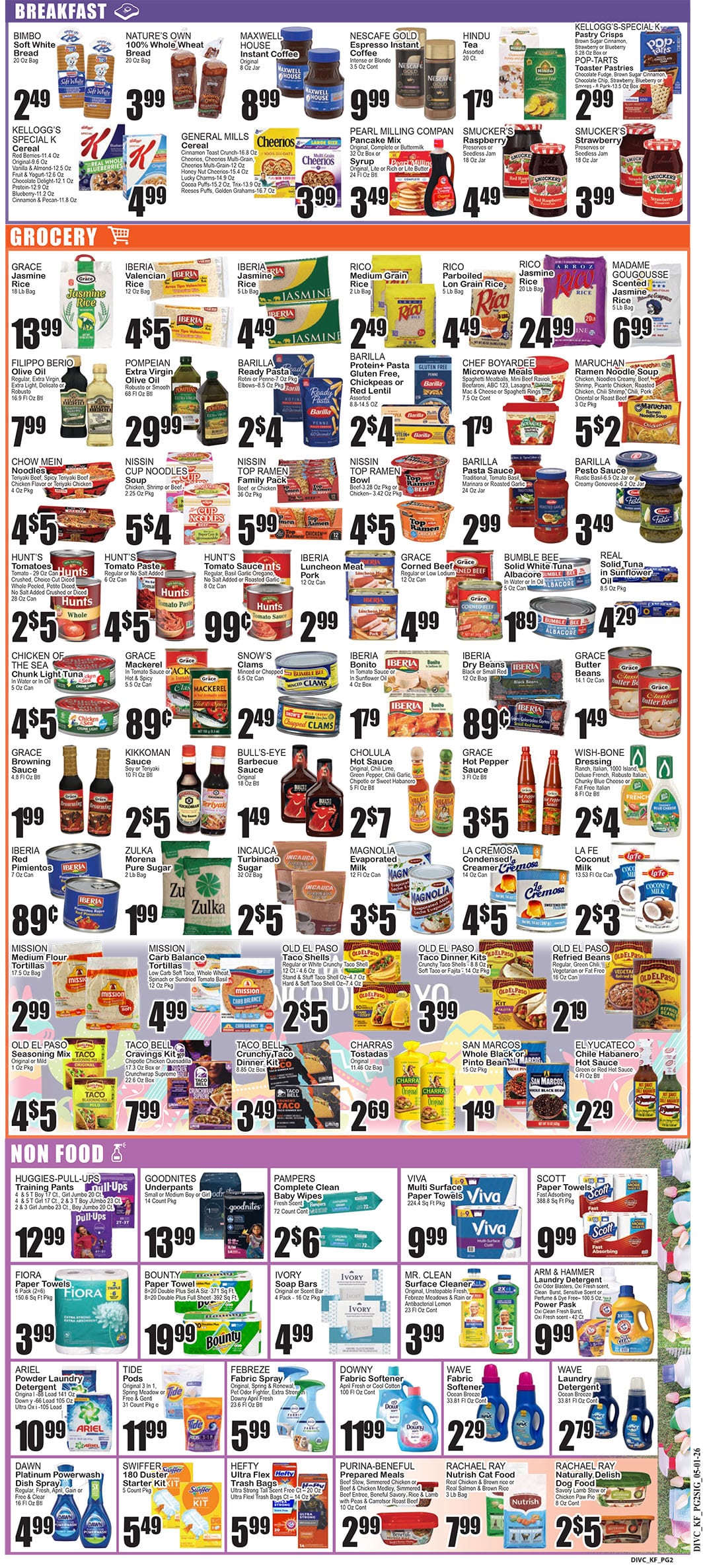 Colorful grocery store flyer featuring breakfast items and pantry staples with prices, plus a non-food section at the bottom.
