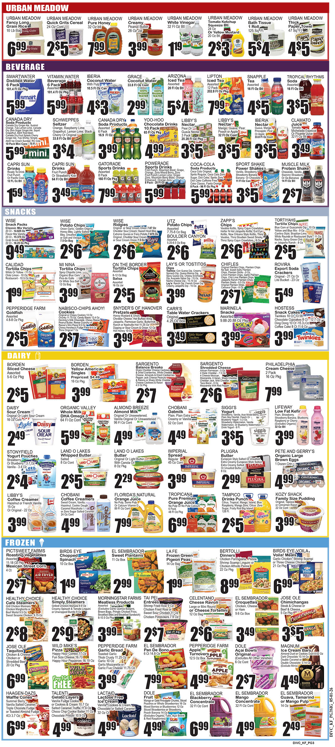 Full-page supermarket sale flyer showing price deals on beverages, snacks, dairy and frozen foods by category and brand.