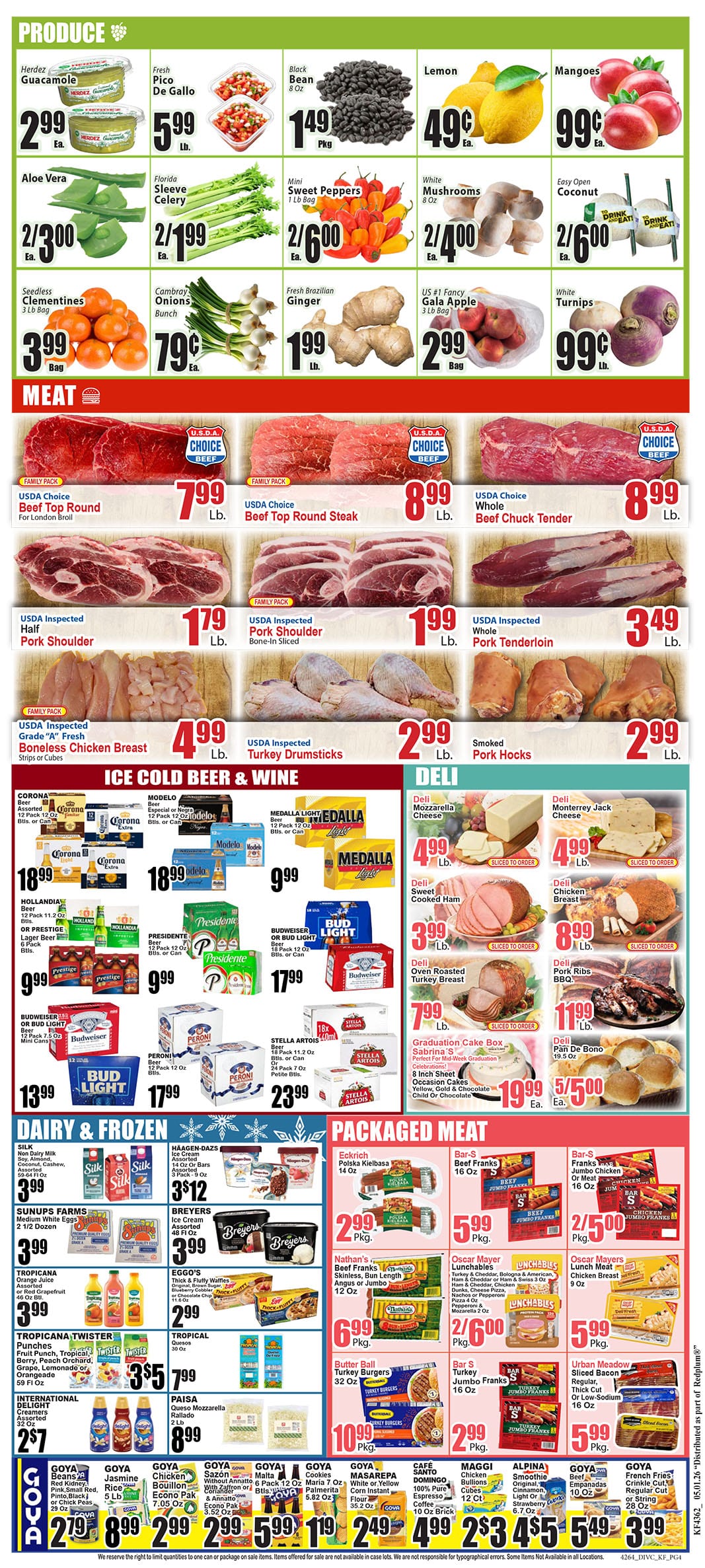 Full-page grocery flyer showing Produce and Meat sections with prices and product images for fruits, vegetables, and meats of a supermarket sale.