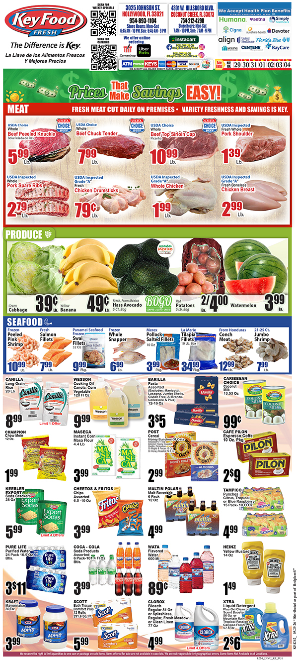 Key Food Memorial Day sale flyer featuring meat, produce, seafood, and groceries with patriotic banner and store logos at the top.