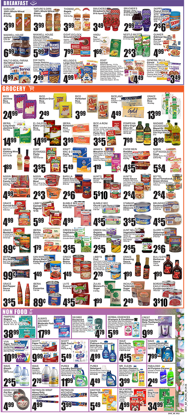 Full-page supermarket flyer advertising breakfast and pantry items with prices. (Informational image)