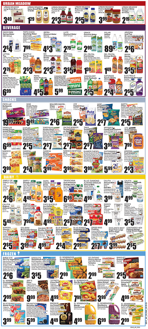 A full-page grocery store ad flyer showing sections for beverages, snacks, dairy, and frozen foods with product thumbnails and sale prices across categories (colorful grid).