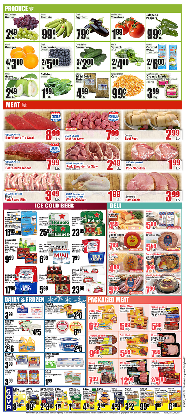 Colorful grocery store sale flyer showing sections for Produce, Meat, Ice Cold Beer, Deli and Packaged Meat with prices andYour deals graphic? (advertising circular)