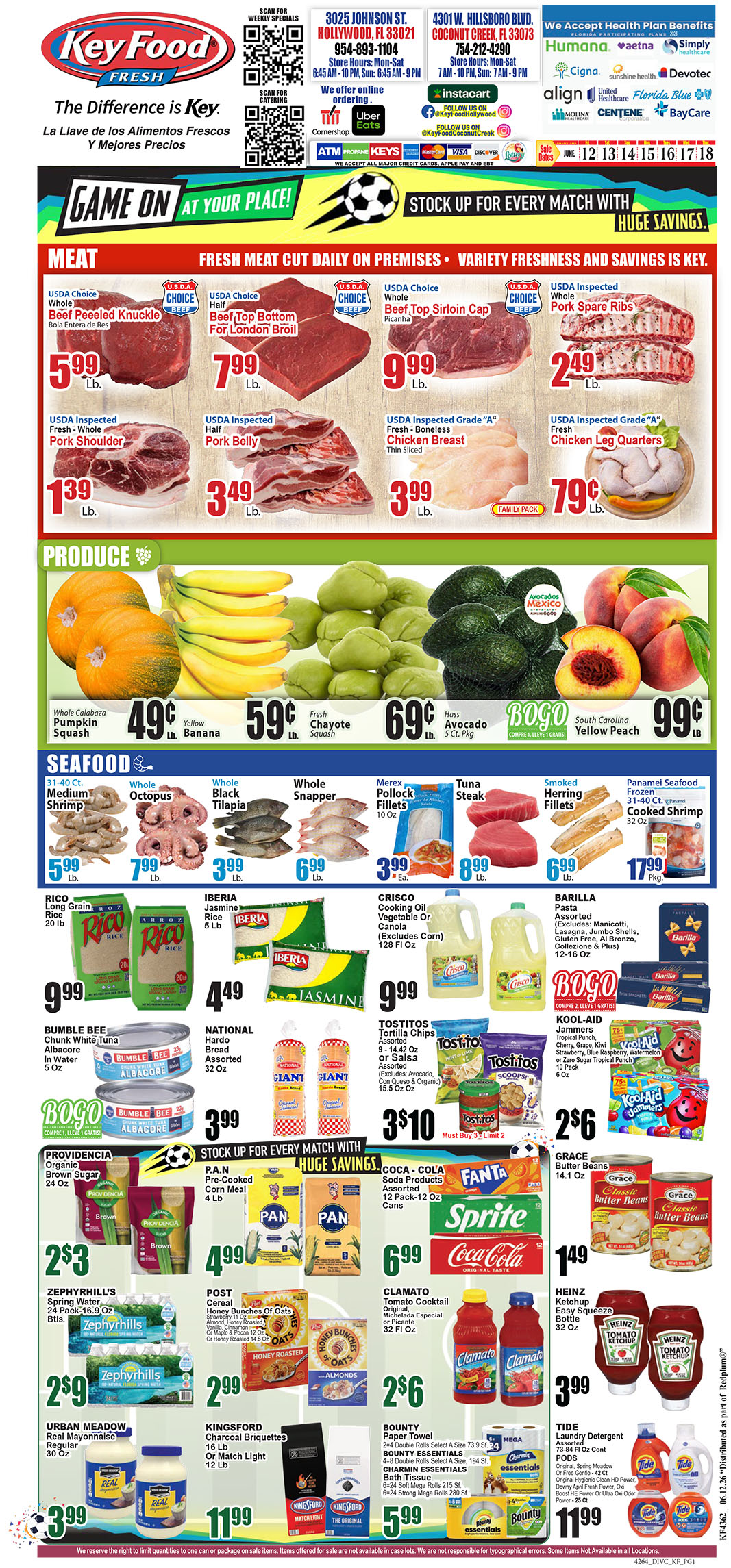 4264_4317_KEY FOOD_06-12-26-1 copy KeyFood sale flyer featuring meat, produce, seafood and grocery deals under a bright 'Hot Savings All Year Round' banner.