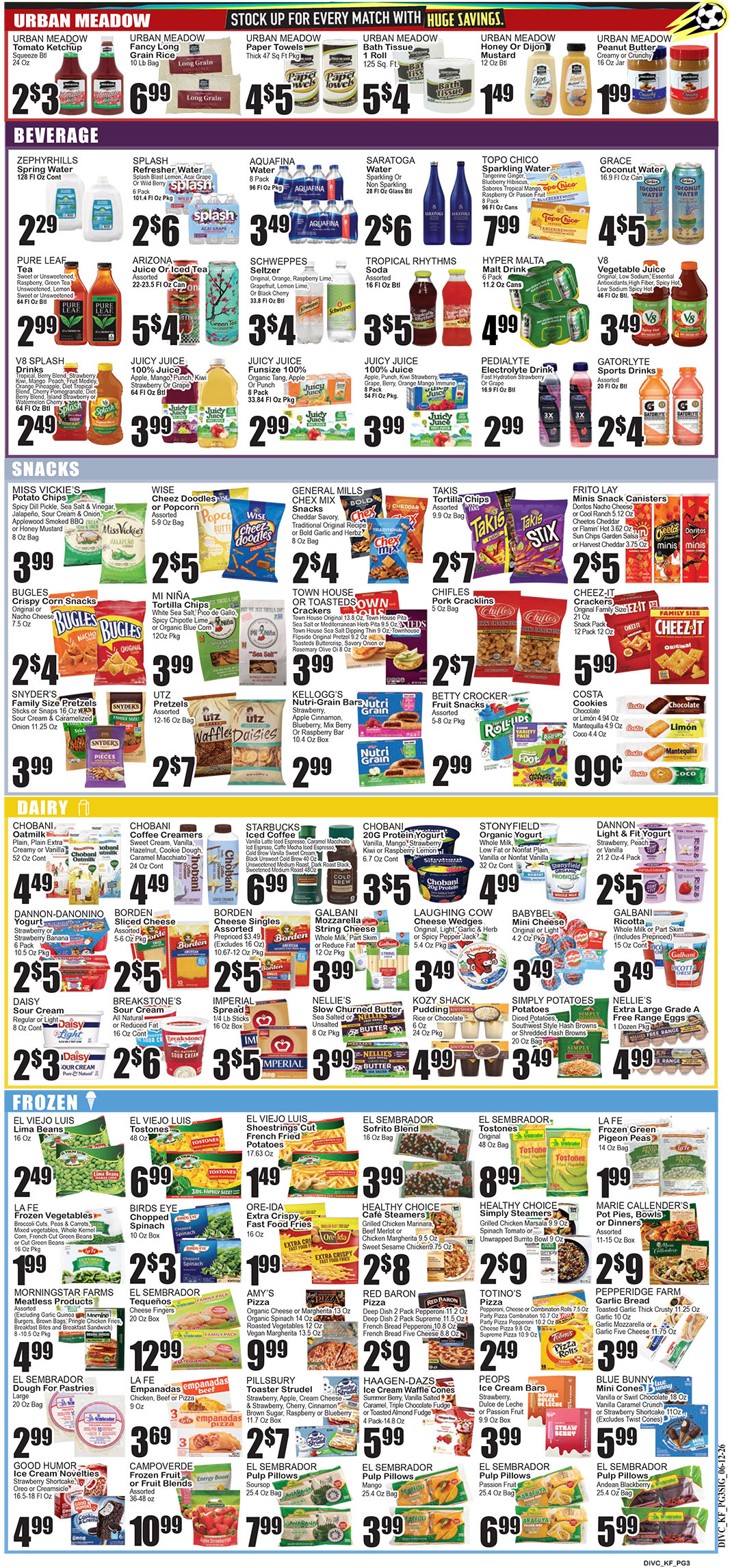4264_4317_KEY FOOD_06-12-26-3 copy Colorful grocery flyer with sections for Beverages, Snacks, Dairy and Frozen; features sale prices and product images.
