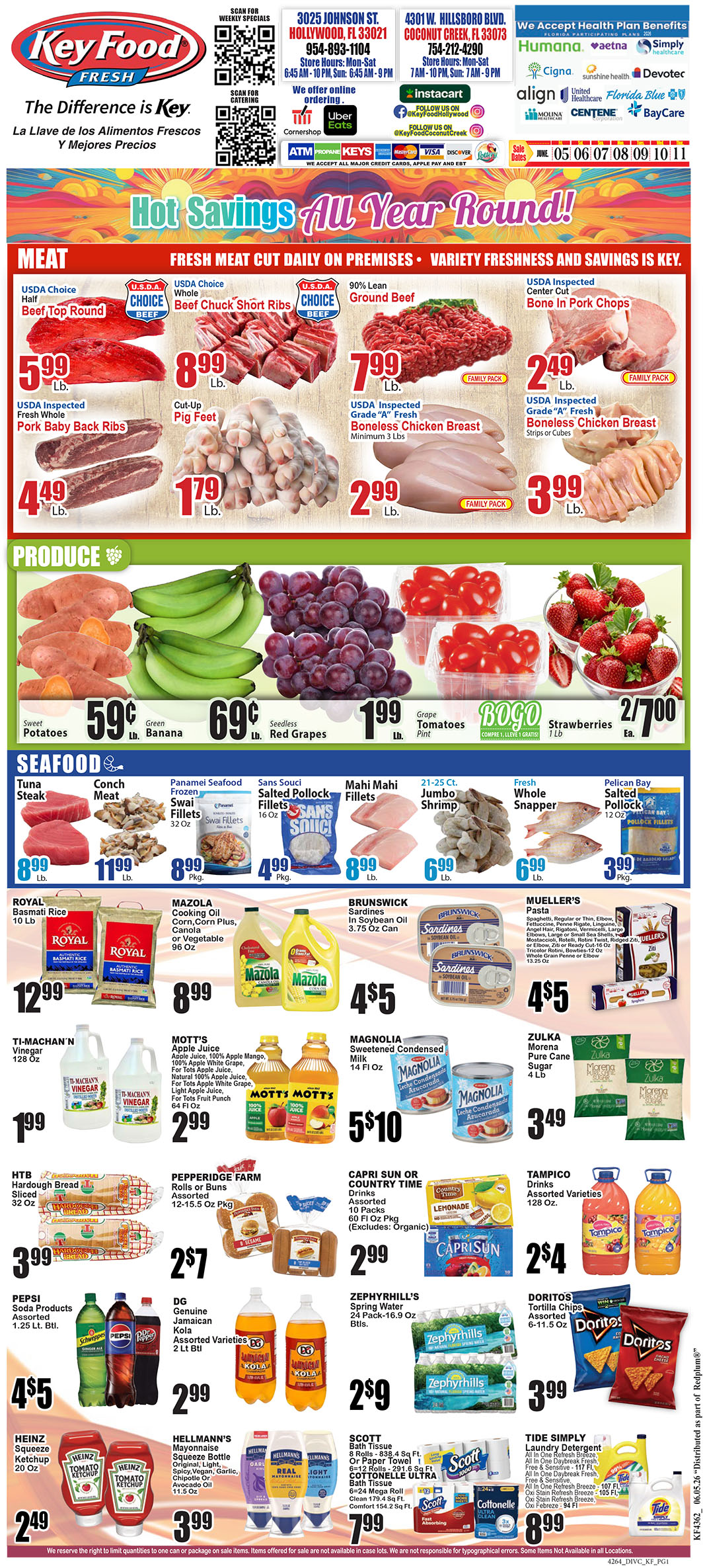 KeyFood sale flyer featuring meat, produce, seafood and grocery deals under a bright 'Hot Savings All Year Round' banner.