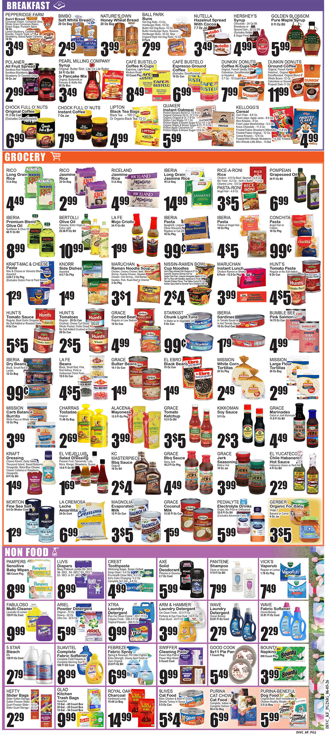 Colorful grocery flyer page showing breakfast items with brands and prices across sections 'Breakfast' and 'Grocery'.
