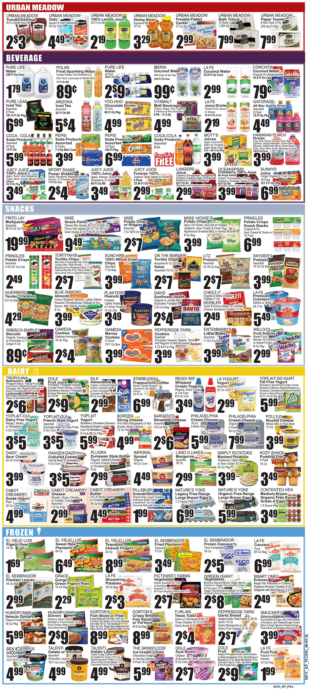 Full-page grocery sale flyer with sections for beverages, snacks, dairy, and frozen items and their prices.