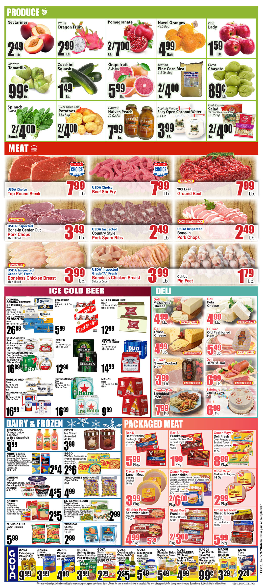 Bright supermarket flyer showing Produce section with fruits and veggies, plus Meat, Deli, Dairy & Frozen, and Packaged Meat sections with prices on each item.