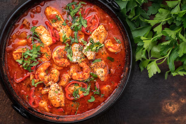 Cast-iron pot of spicy tomato-based chicken stew with red peppers, herbs, and chunks of chicken on a dark wooden table