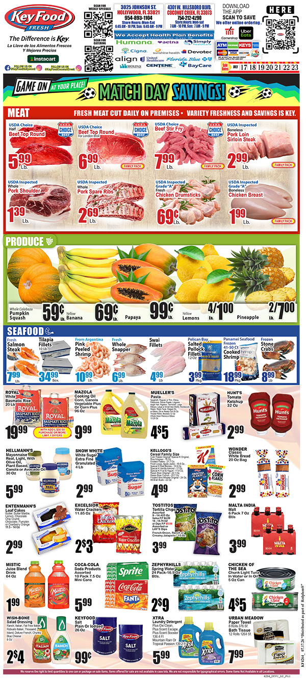 Full-page grocery ad flyer featuring Key Food brands, meat, produce, seafood with prices.