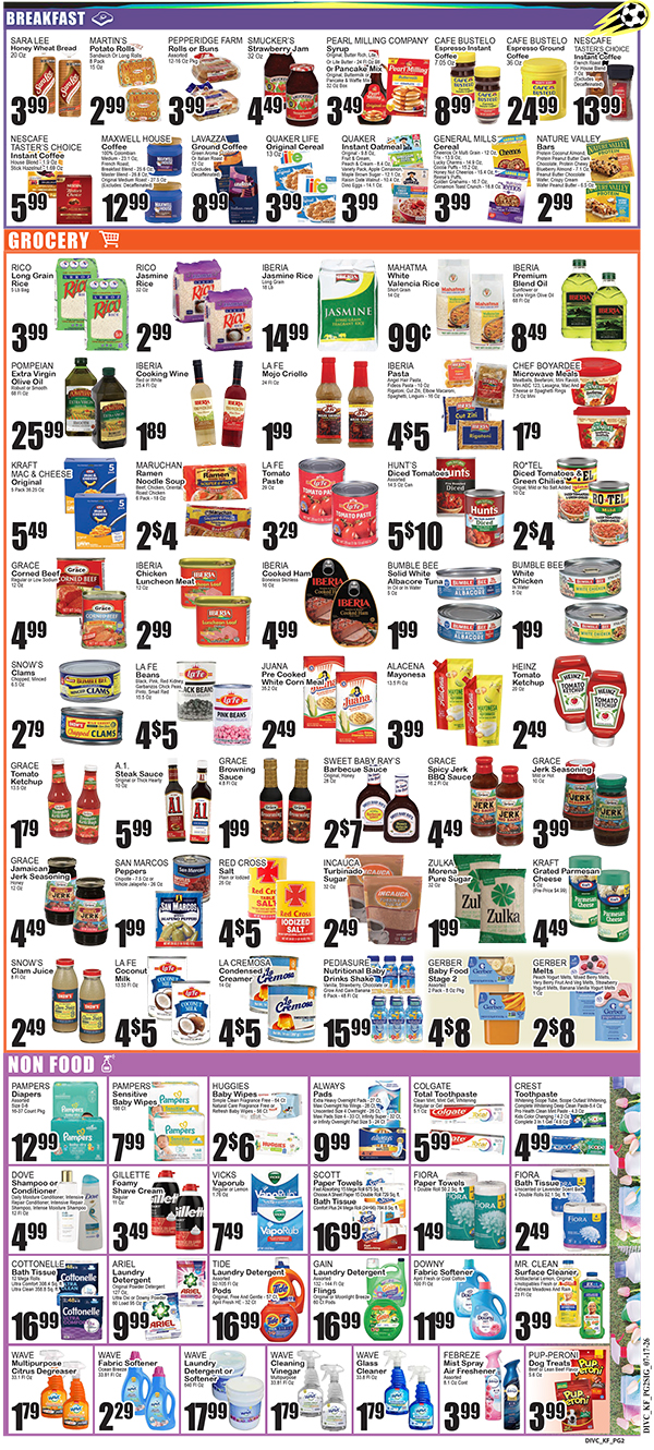 Full-page grocery store sale flyer showing breakfast, grocery, and non-food items with sale prices across sections like Breakfast and Grocery Value.