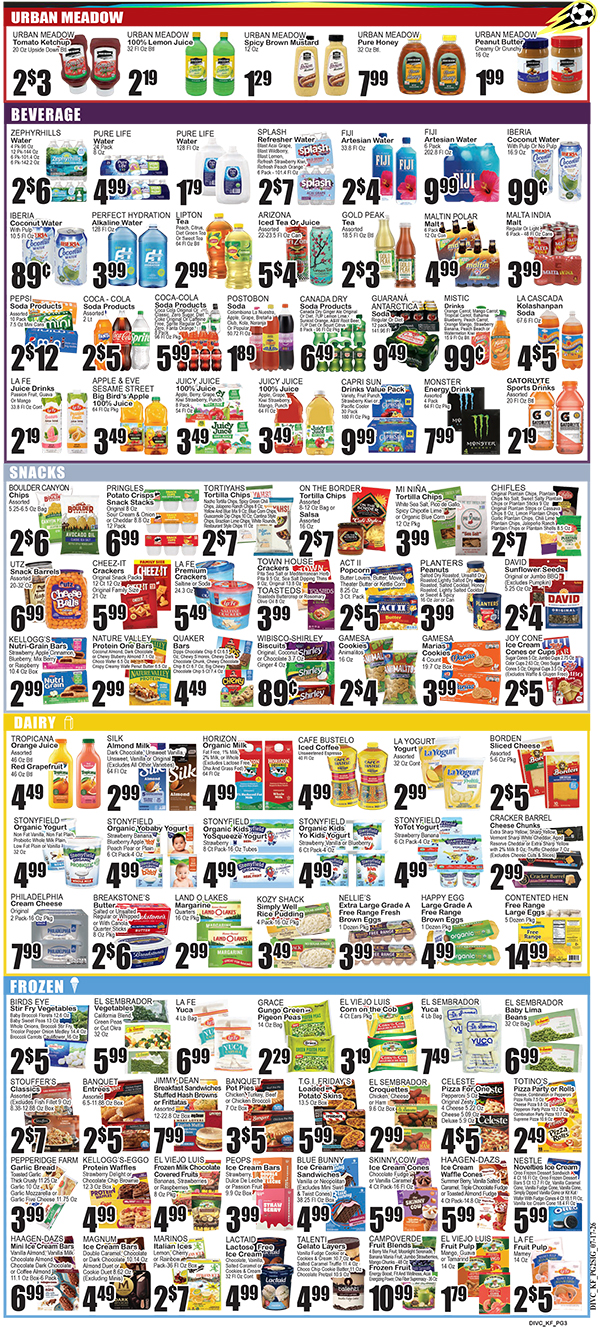 Colorful grocery store circular showing deals on beverages, snacks, dairy, and frozen foods by section with prices visible.