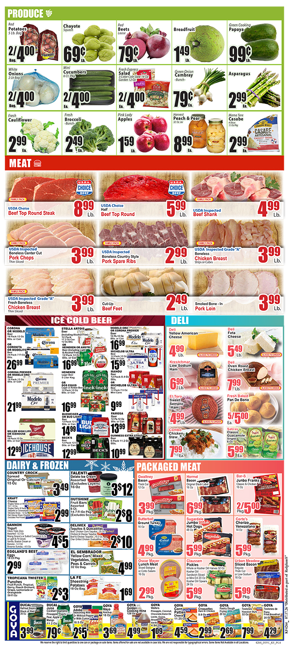 Sale flyer showing produce, meat, drinks and dairy with prices and weekly deals across sections.