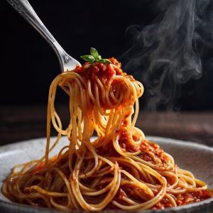 Plate of steaming spaghetti with tomato sauce, lifted by a fork, with a fresh basil garnish on top.