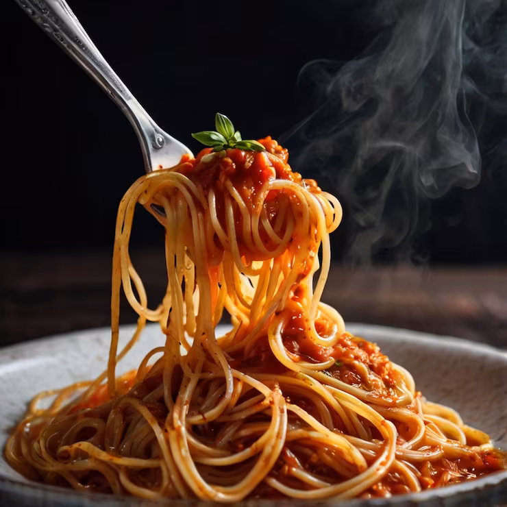 Plate of steaming spaghetti with tomato sauce, lifted by a fork, with a fresh basil garnish on top.