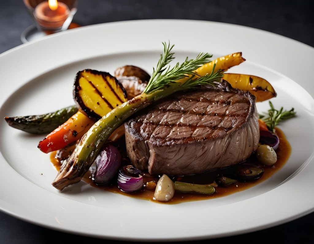 Seared steak with grilled vegetables (asparagus, peppers, onions) and rosemary on a white plate with sauce drizzle