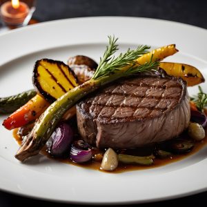 Seared steak with grilled vegetables (asparagus, peppers, onions) and rosemary on a white plate with sauce drizzle