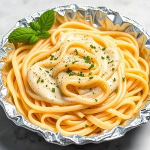 Foil tray of creamy spaghetti alfredo garnished with chopped parsley and a basil sprig on the side