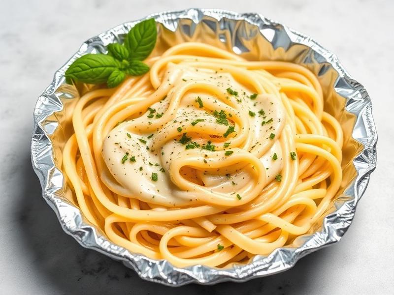 Foil tray of creamy spaghetti alfredo garnished with chopped parsley and a basil sprig on the side