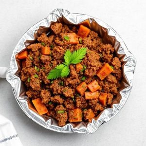 Ground seasoned crumbled meat with orange potatoes in a foil pie dish, garnished with parsley.
