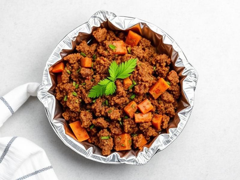 Ground seasoned crumbled meat with orange potatoes in a foil pie dish, garnished with parsley.