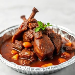 Braised beef short ribs in a thick red sauce with carrots, served in a disposable foil pan garnish with parsley