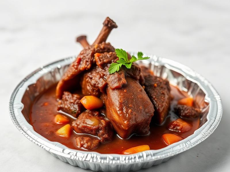 Braised beef short ribs in a thick red sauce with carrots, served in a disposable foil pan garnish with parsley