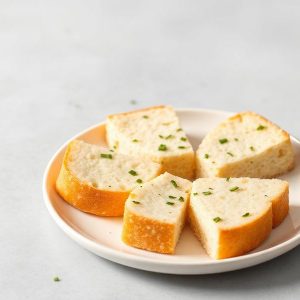 Sliced garlic bread with parsley on a white plate, ready to serve.