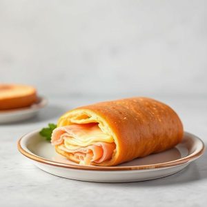 Rolled ham and cheese wrap on a white plate, sliced to show layers of meat and cheese.
