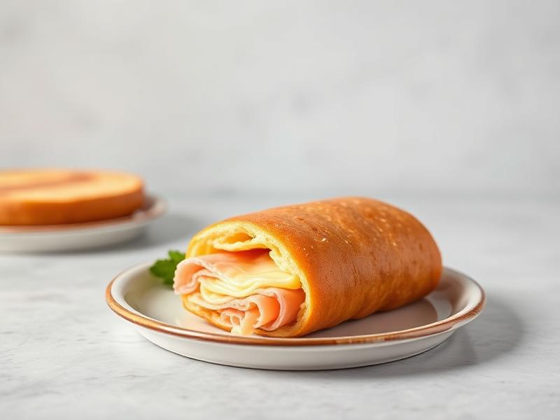 Rolled ham and cheese wrap on a white plate, sliced to show layers of meat and cheese.