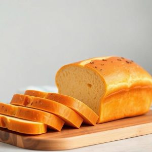Loaf of sliced bread on a wooden cutting board with a soft golden crust.