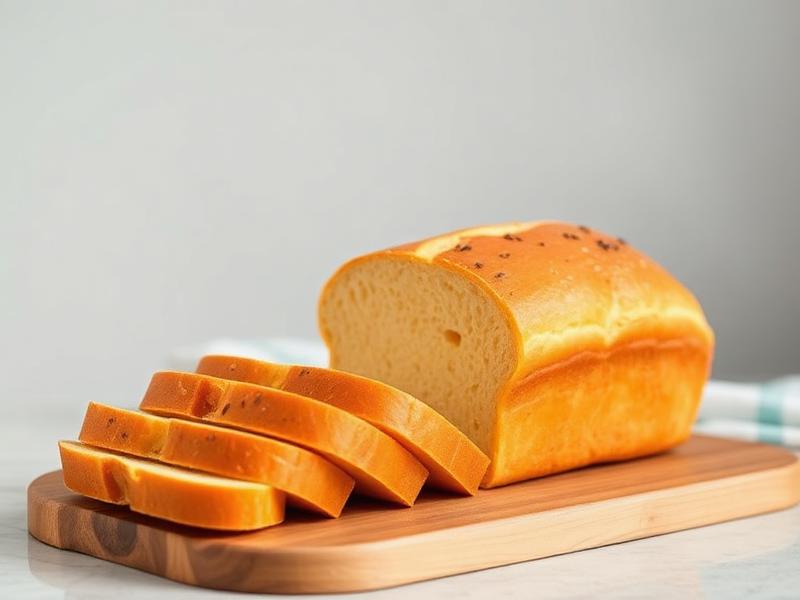 Loaf of sliced bread on a wooden cutting board with a soft golden crust.