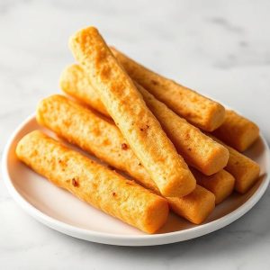 Plate of crispy mozzarella sticks stacked on a white dish.