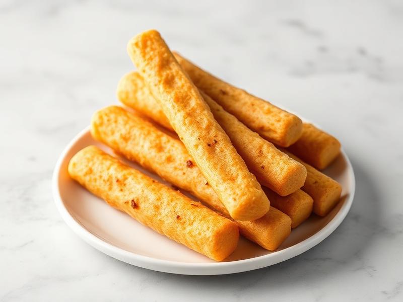 Plate of crispy mozzarella sticks stacked on a white dish.