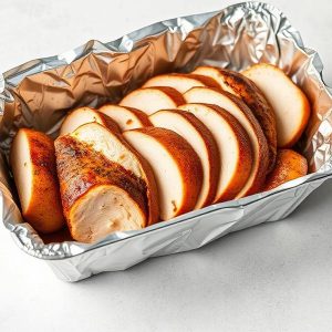 Sliced roasted turkey breast arranged in a foil-lined baking pan.