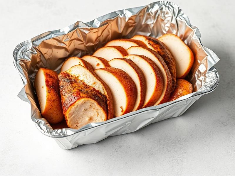 Sliced roasted turkey breast arranged in a foil-lined baking pan.