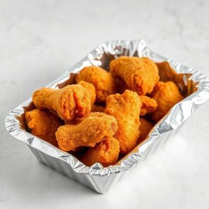 Fried chicken nuggets in an open aluminum tray, ready to eat at a casual meal.