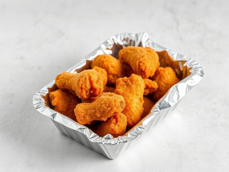 Fried chicken nuggets in an open aluminum tray, ready to eat at a casual meal.