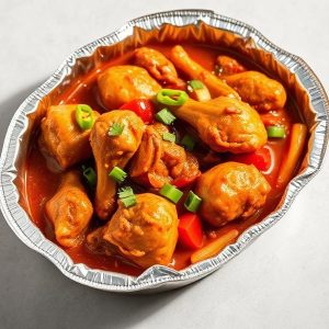 Chicken curry with chicken pieces and bell peppers in a red sauce served in a foil tray, garnished with chopped green onions and cilantro on top.