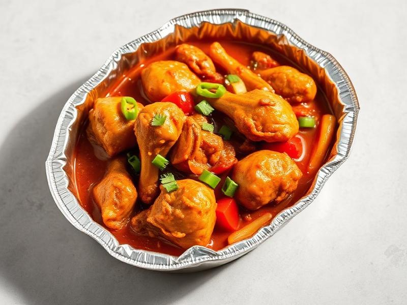 Chicken curry with chicken pieces and bell peppers in a red sauce served in a foil tray, garnished with chopped green onions and cilantro on top.