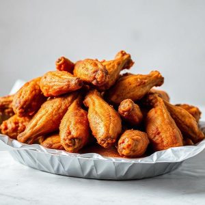 Pile of crispy golden fried chicken wings served on a parchment-lined silver tray.