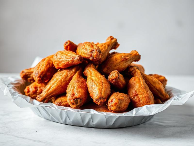 Pile of crispy golden fried chicken wings served on a parchment-lined silver tray.