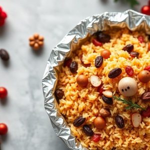 Festive rice dish in a foil pan with almonds, cranberries, and raisins, shaped with a nut-face decoration on top for holiday serving.