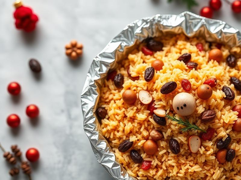 Festive rice dish in a foil pan with almonds, cranberries, and raisins, shaped with a nut-face decoration on top for holiday serving.