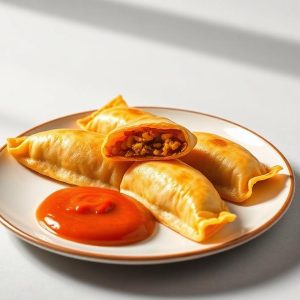 Plate with three fried empanadas and one halved, showing a savory filling, plus a dollop of red dipping sauce on the side