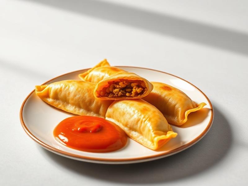 Plate with three fried empanadas and one halved, showing a savory filling, plus a dollop of red dipping sauce on the side