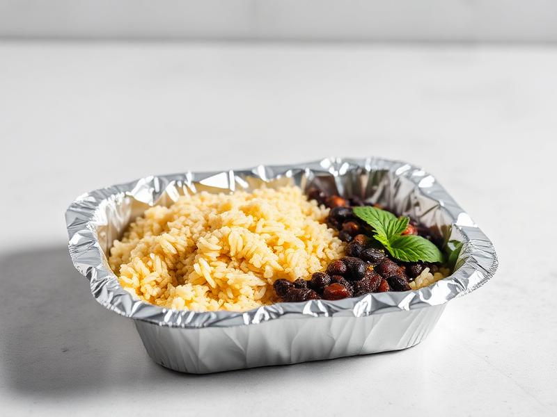 Foil takeout tray with yellow rice and black beans, garnished with a mint leaf.