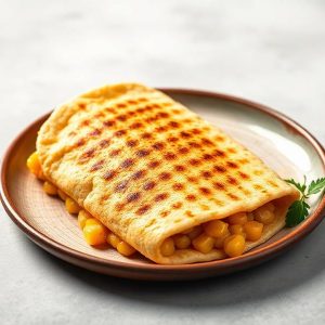Grilled quesadilla folded over corn filling on a brown plate with a parsley garnish.