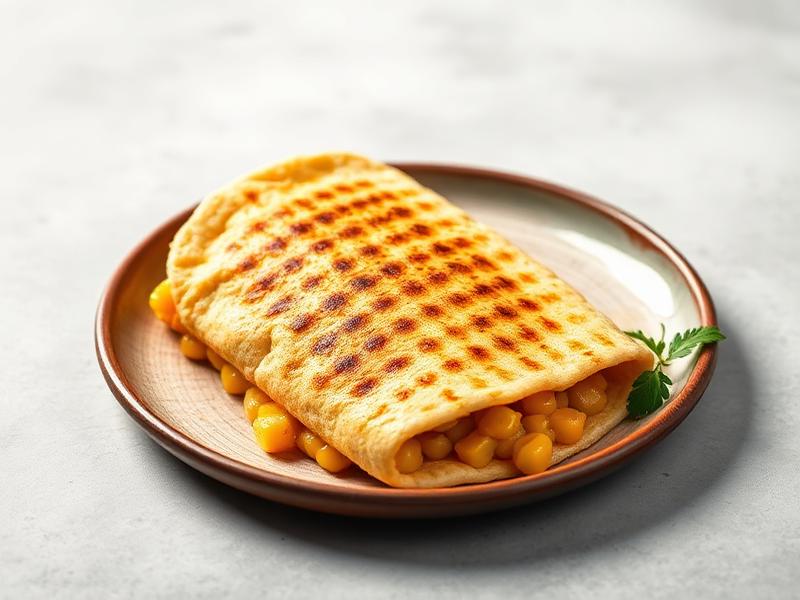 Grilled quesadilla folded over corn filling on a brown plate with a parsley garnish.